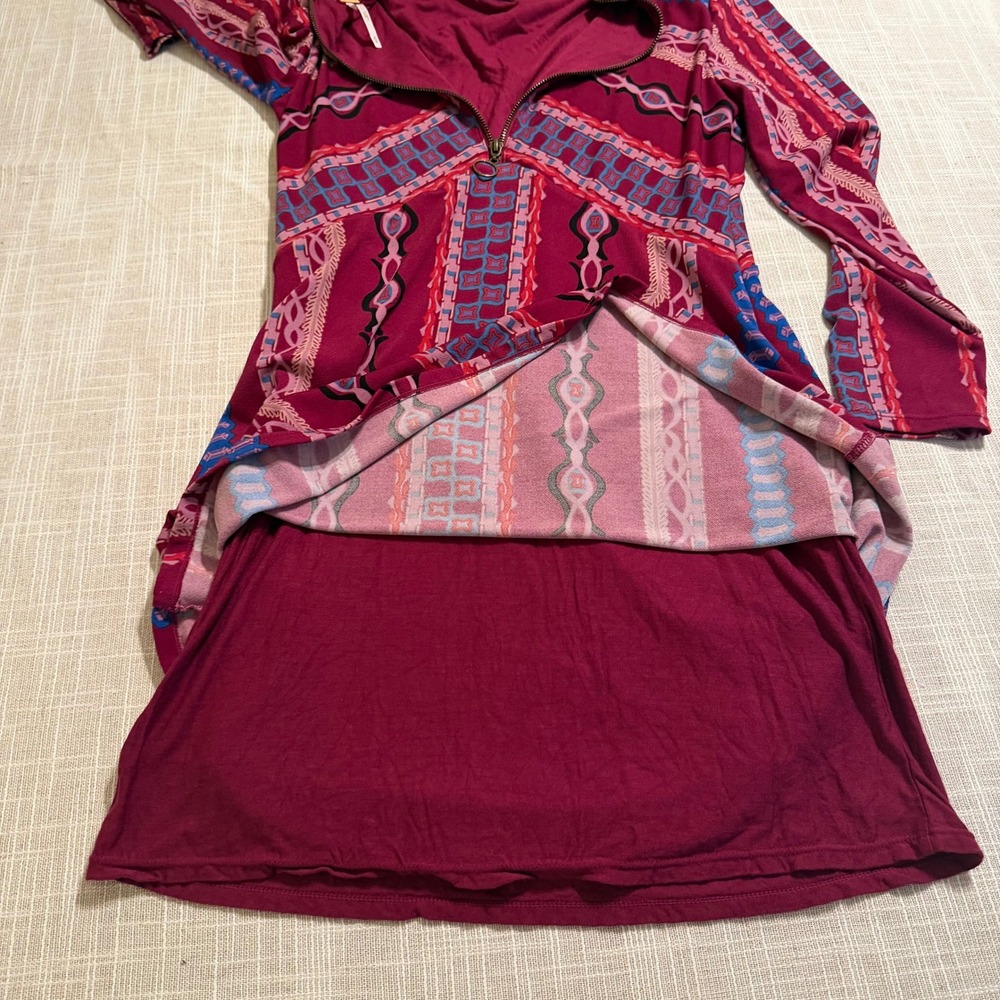 Free People Magenta Geometric Print Mock Neck Mini Dress Long Sleeve Size M - Picture 5 of 9